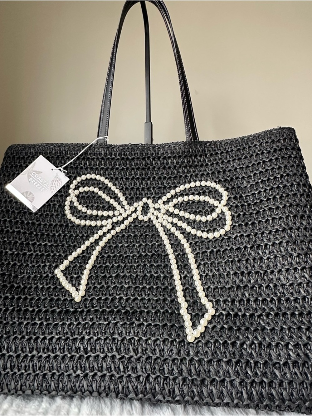 Black Woven Tote Bag with Pearl Bow Accent - Picture 2 of 6